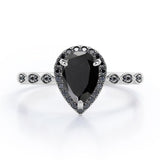 1.4 ct Pear Lab Black Diamond Art Deco Halo Engagement Ring