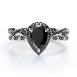 Eternity Crossover 1.75 TCW Pear Shaped Lab Created Black Diamond Halo-Vintage Style Wedding Ring Set in White Gold