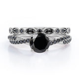 Art Deco Pave Infinity 1.65 TCW Round-Shaped Lab Created Black Diamond Basket Cathedral Wedding Set in White Gold