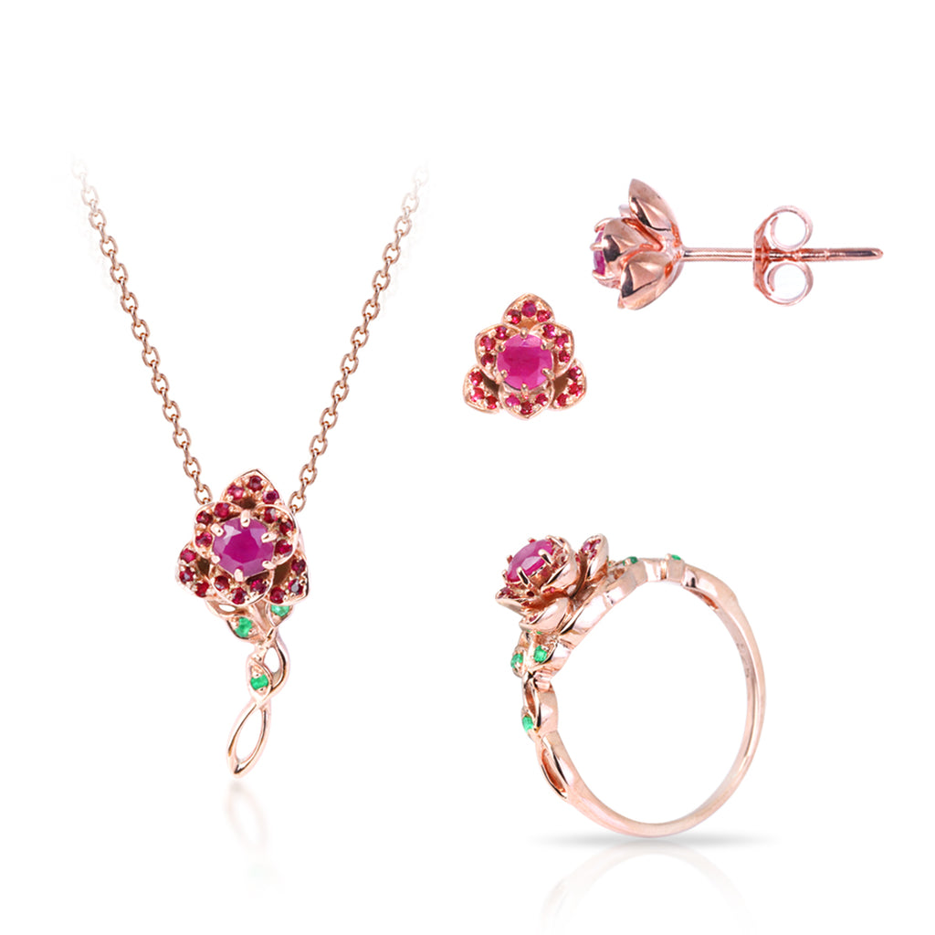 La Vie en Rose Jewelry Gift Set of 1 TCW Lab-Created Ruby and Emerald with Ring, Earrings & Pendant