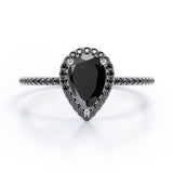 1.45 ct Pear Lab Black Diamond Halo Pave Engagement Ring