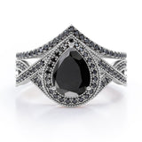 1.75 ct Pear Lab Black Diamond Milgrain Halo Wedding Ring Set