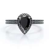 Scalloped Pave - 1.75 TCW Pear Shaped Lab Created Black Diamond - Halo Design Bridal Set in White Gold