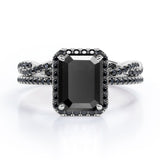 Crossover with Pave Accents - 1.75 TCW Emerald Cut Lab Created Black Diamond - Halo Bridal Ring Set in White Gold