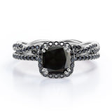Eternity Crossover - 1.75 TCW Cushion Cut Lab Created Black Diamond - Halo Pave Setting Wedding Set in White Gold