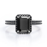 Pave Style - 1.75 TCW Emerald Cut Lab Created Black Diamond - Halo Setting Wedding Ring Set in White Gold