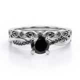 Milgrain Filigree Decorated 1.6 TCW Round Shaped Lab Created Black Diamond Twisted Pave Wedding Set in White Gold