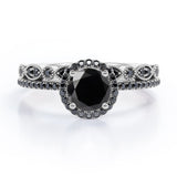 Art Deco Pave Setting - 1.65 TCW Round Cut Lab Created Black Diamond - Halo Design Bridal Set in White Gold