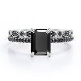 Milgrain Filigree - 1.55 TCW Emerald Cut Lab Created Black Diamond - Pave Accented Bridal Ring Set in White Gold