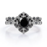 1.75 ct Round Lab Black Diamond Milgrain Floral Bridal Set