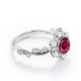 Floral Halo 0.7 carat Round Lab-Created Ruby and Diamond Engagement Ring in White Gold