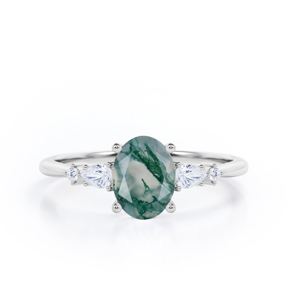 Five Stone 1.25 Carat Oval Moss Agate Engagement Ring