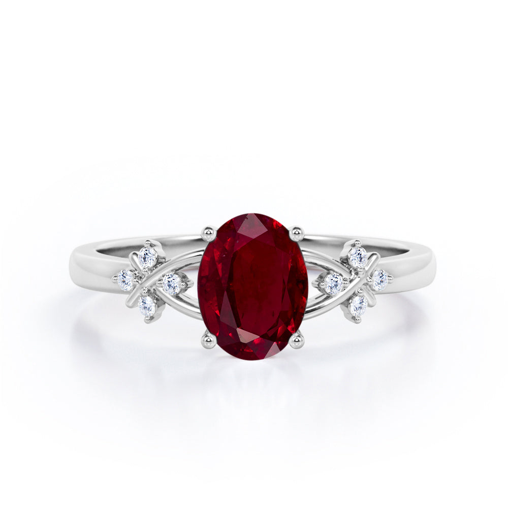Luxurious Clover Lucky Leaf 0.5 carat Oval Lab-Created Ruby and Diamond Engagement Ring in Rose Gold