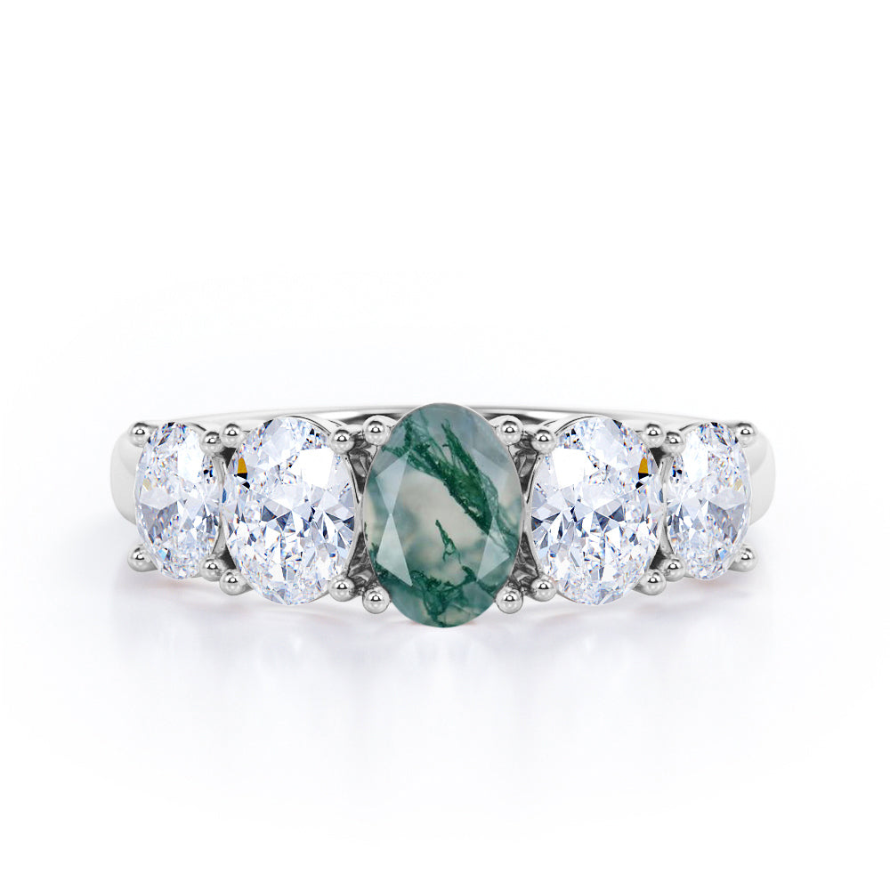 Oval Basket Set 1.25 carat Moss Green Agate and moissanite Fine Jewelry Ring in Rose Gold