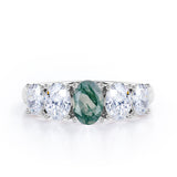 Oval Basket Set 1.25 carat Moss Green Agate and moissanite Fine Jewelry Ring in Rose Gold