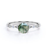Art Deco 1 Carat Round Moss Agate and Moissanite Scalloped Engagement Ring in White Gold