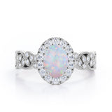Milgrain Leaf 0.9 carat Oval Opal and Diamonds Nature-Inspired Engagement Ring in White Gold