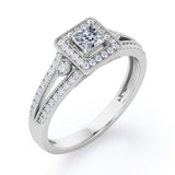 Split-Shanked Pave 1.55 Carat Princess Cut Moissanite and diamond Milgrain-Bordered Halo Engagement Ring in White Gold