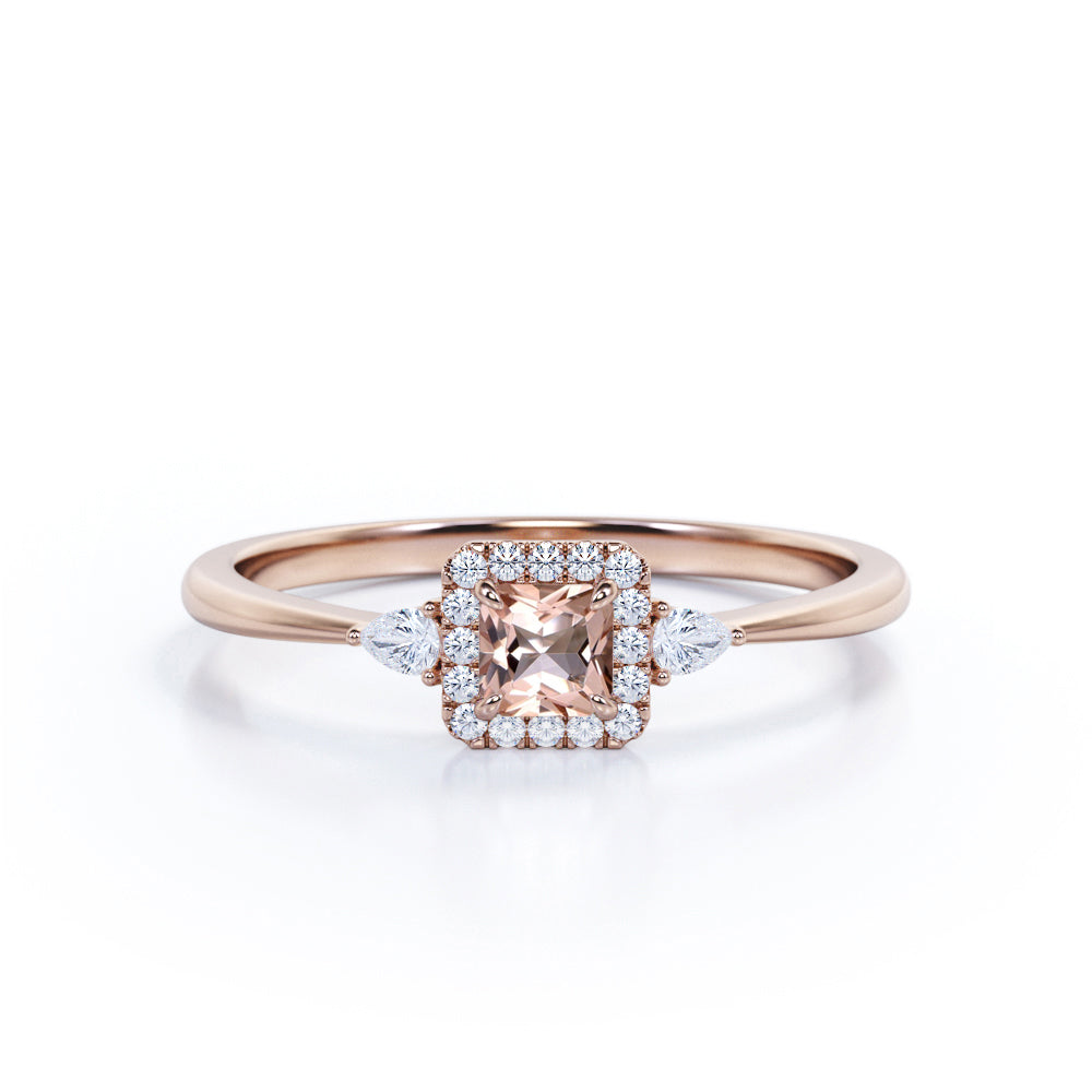 Classic Halo 0.7 carat Princess Peach Pink Morganite and Moissanite Engagement Ring in White Gold