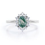 Unique 0.6 carat Oval Moss Agate and Moissanite Floating Halo Engagement Ring in White Gold