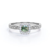 Antique Square Halo 0.6 carat Round Moss Agate and Moissanite Engagement Ring in White Gold