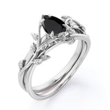 1 ct Pear Lab Black Diamond Leaf Style Bridal Set