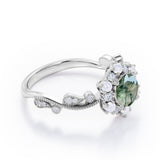 Floral Halo 0.7 carat Round Moss Green Agate and Diamond Engagement Ring in White Gold