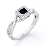 1.25 Carat Princess Cut Black Diamond - Half Crossover Pave - Halo Engagement Ring in White Gold