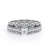 Vintage-inspired 1 carat Cushion Cut Moissanite and Diamond Wedding Set in White Gold - Anniversary Gift