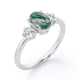 Simple Trio Stone 0.8 carat Oval Moss Green Agate and Diamond Engagement Ring in Rose Gold