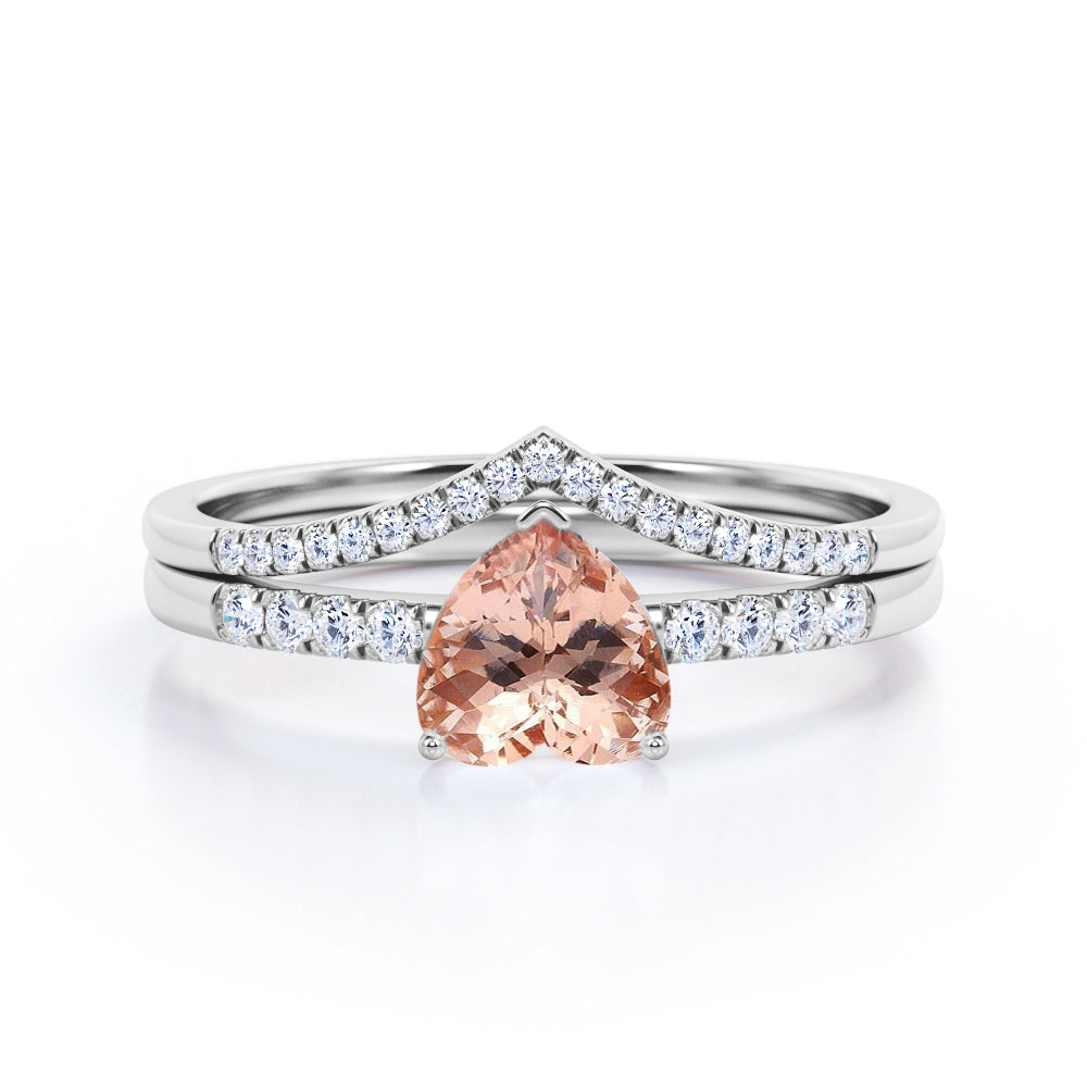 Exquisite 1.25 carat Heart Morganite and Moissanite Romantic Wedding Ring Set in Rose Gold