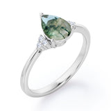 Seven Stone 0.5 carat Pear Moss Green Agate and Diamond Dainty Band Engagement Ring in White Gold