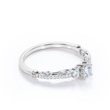 Art Deco 1 carat Round Cut Moissanite and Diamond Promise Ring, women's ring in White Gold