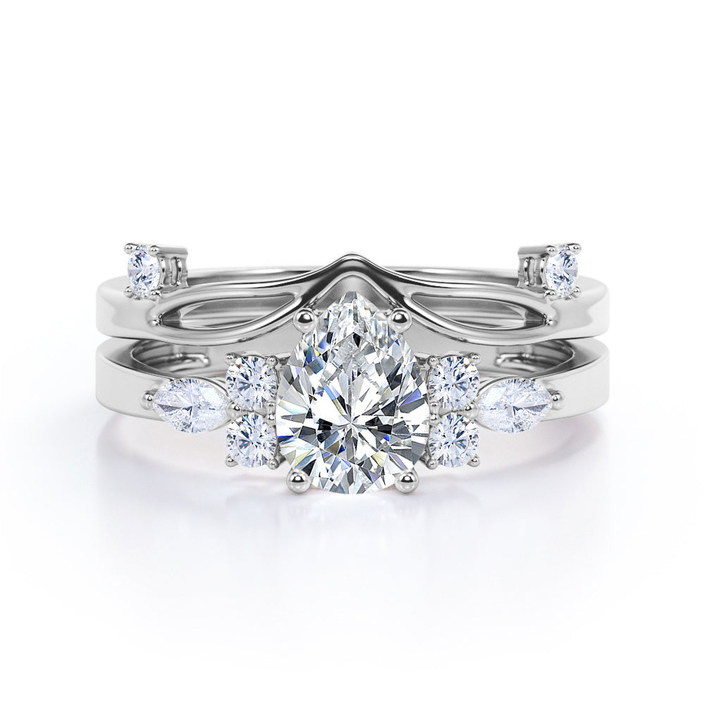 Posh Art Deco Design 0.6 carat Pear Moissanite and Diamond Wedding Set in Rose Gold