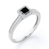 Halo Design 1.25 Carat Princess Cut Black Diamond Milgrain-Bordered Pave-Channel Engagement Ring in White Gold