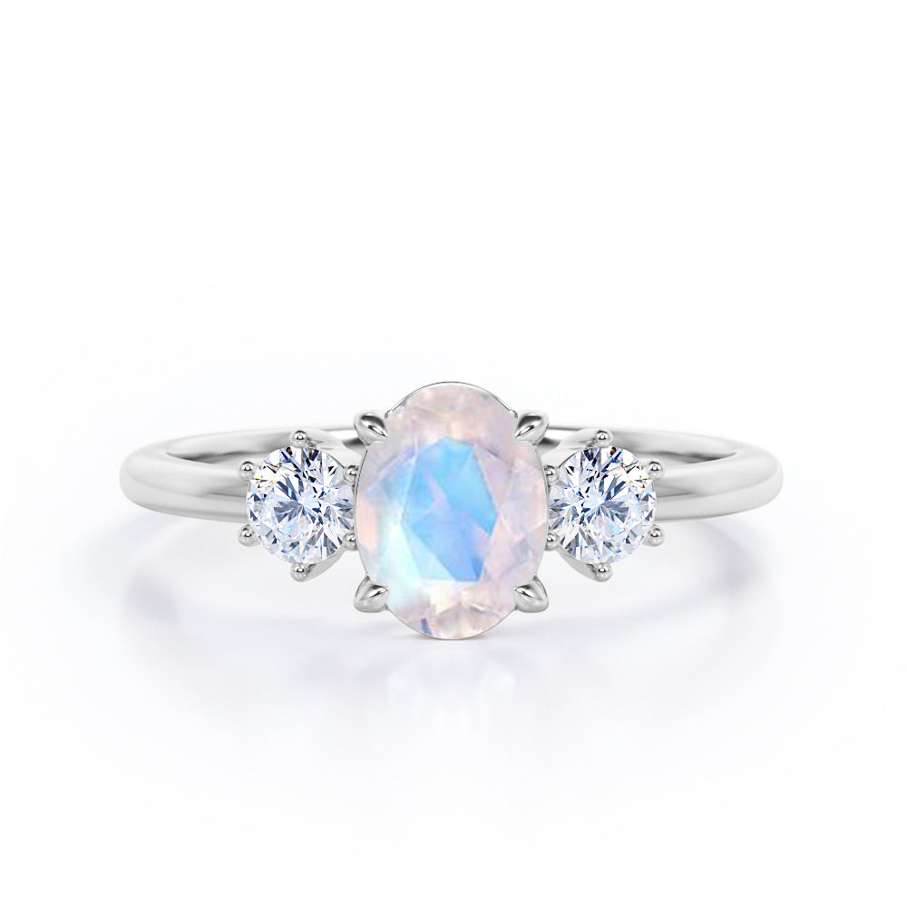 Simple Trio Stone 0.8 carat Oval Moonstone and Diamond Engagement Ring in Rose Gold