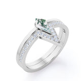 Modern 0.75 carat Kite Shaped Moss Agate and Moissanite Bridal Ring Set in White Gold