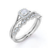 Woman's Choice 1 carat Cushion Moissanite and Diamond Halo Bridal Ring set in White Gold