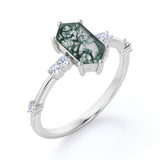 Seven Stones 0.8 carat Hexagon Moss Agate and Moissanite Engagement Ring in Black Gold