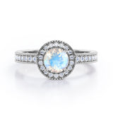 Decorative Halo 1 carat Round Moonstone and Diamond Milgrain Engagement Ring in White Gold