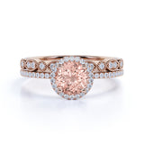 Vintage 1.75 ct Round Morganite Halo Wedding Ring Set
