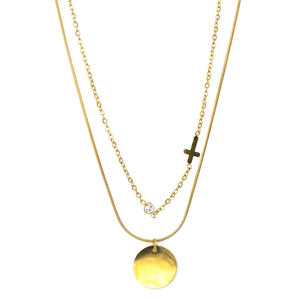 Bezel & Cross Cable Chain Necklace - Golden Pendant Snake Chain Necklace - 18K Yellow Gold Plating over Silver - Women Necklace Set
