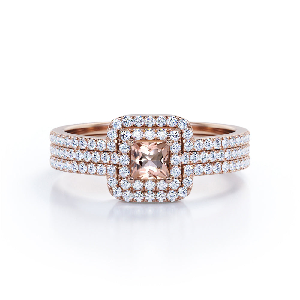 Classic 0.95 carat Princess Morganite and Moissanite Trio Ring Set in White Gold