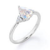 Seven Stone 0.5 carat Pear Moonstone and Diamond Dainty Band Engagement Ring in White Gold