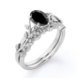 1.25 ct Oval Lab Black Diamond Vintage Leaf Bridal Set