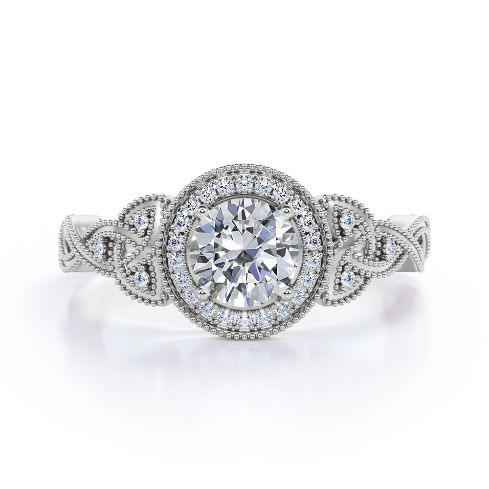 Antique Celtic Knot 0.8 carat Round Moissanite and Diamond Anniversary Ring in Black Gold