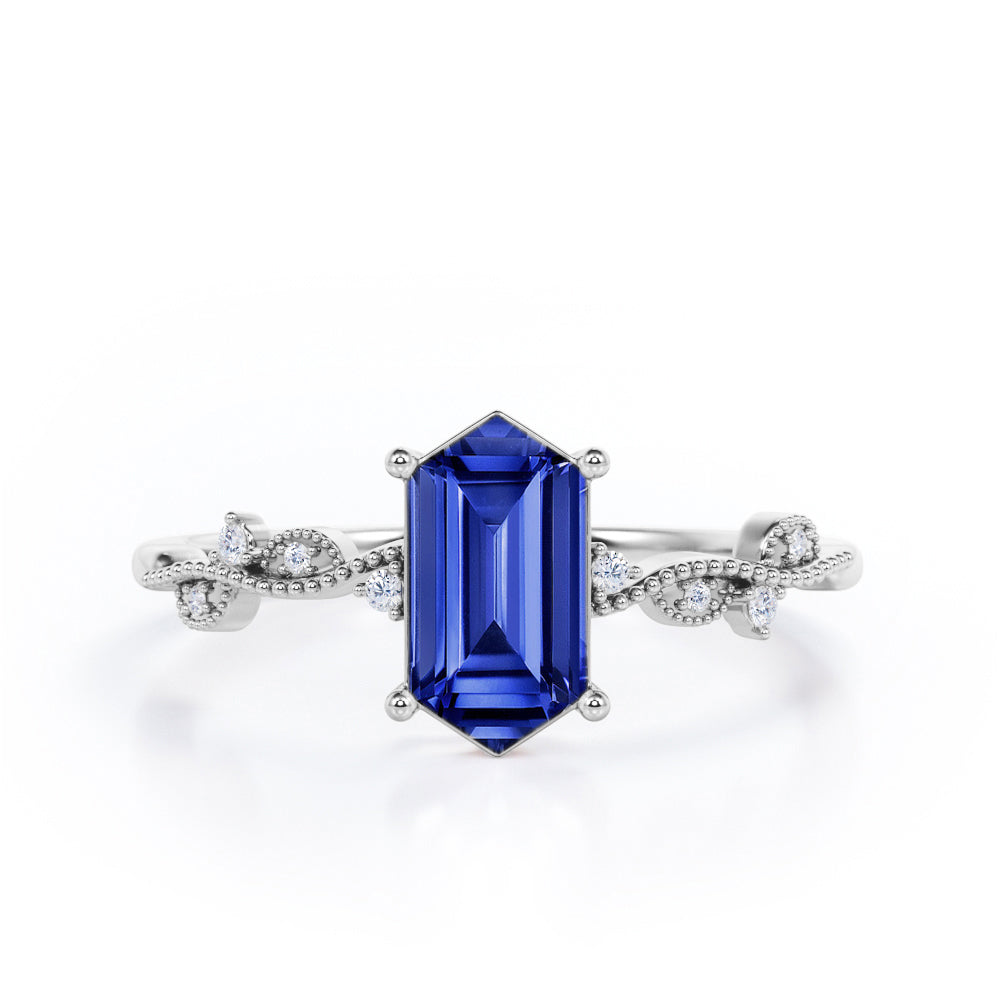 Vintage Wavy Milgrain 0.5 carat Hexagon Blue Sapphire and Diamonds Engagement Ring in Rose Gold