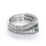 Antique Milgrain 0.8 carat Round Dendritic Moss Agate Stone and Moissanite Bridal Set in White Gold