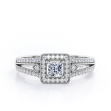 Split-Shanked Pave 1.55 Carat Princess Cut Moissanite and diamond Milgrain-Bordered Halo Engagement Ring in White Gold