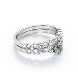 Dendritic 0.6 carat Round Moss Agate Crystal and Moissanite Swirly Wedding Ring Set in White Gold